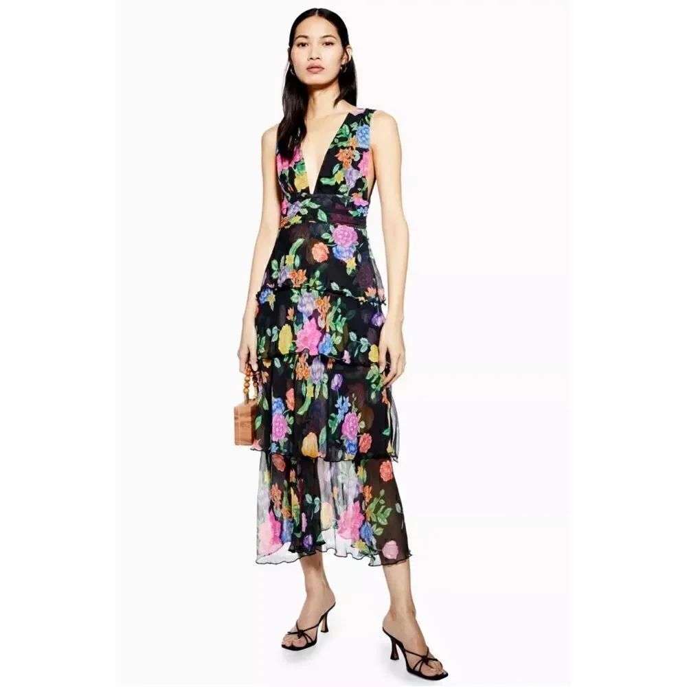 NWT Topshop Frieda Tiered Black Floral Print Crepe Plunge Pinafore Midi Dress, 6